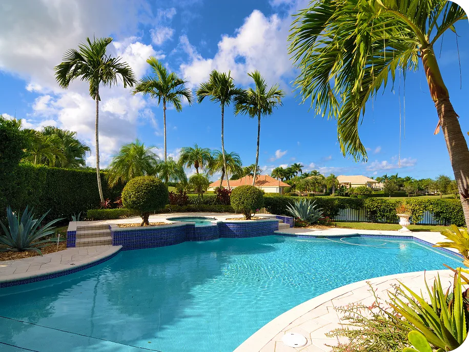 Tropical backyard with a curved swimming pool, spa, palm trees, and waterfront view.