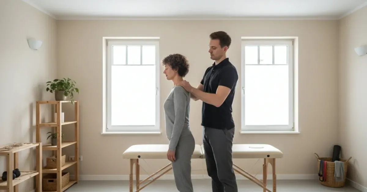 Fizioterapeut barbat in tricou polo negru realizeaza mobilizari blande pentru reducerea durerii cronice la un pacient intr-o clinica de fizioterapie la parter in Dumbravita, Timisoara.