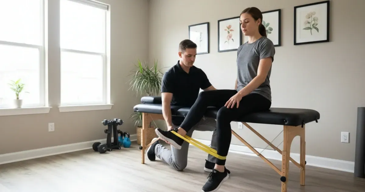 Fizioterapeut barbat in tricou polo negru ghideaza un pacient la exercitii cu banda elastica pentru recuperarea unei accidentari sportive intr-o clinica de fizioterapie din Dumbravita, Timisoara.