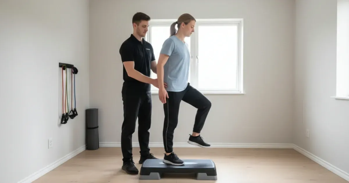 Fizioterapeut barbat in tricou polo negru ajuta un pacient la exercitii usoare de recuperare post-operatorie intr-o clinica de la parterul unei case in Dumbravita, Timisoara.