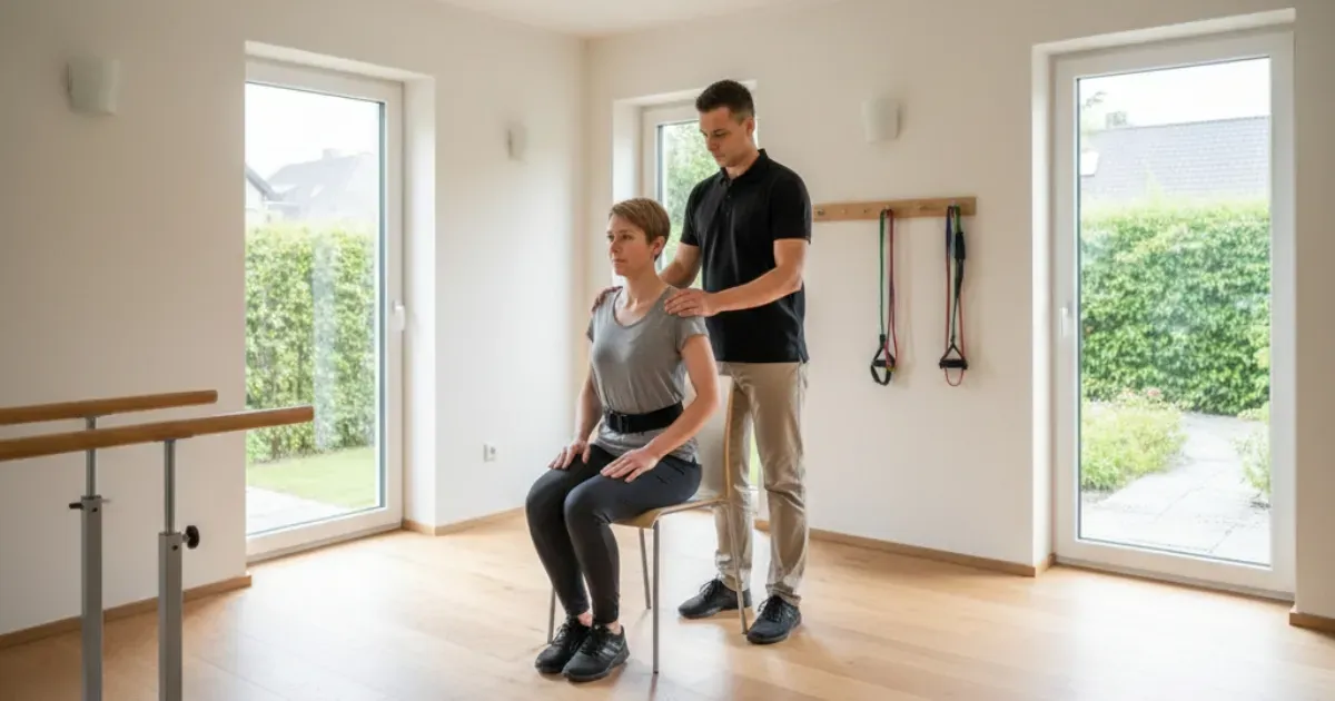 Fizioterapeut barbat in tricou polo negru ghideaza un pacient in exercitii de ridicare si mers asistat pentru reeducare functionala intr-o clinica de fizioterapie din Dumbravita, Timisoara.