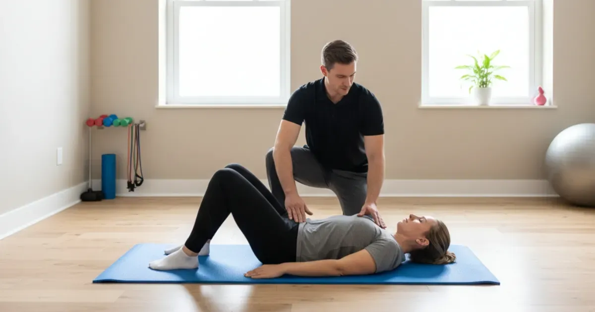 Fizioterapeut barbat in tricou polo negru corecteaza postura unui pacient in timp ce face exercitii usoare de preventie intr-o clinica de fizioterapie la parter in Dumbravita, Timisoara.