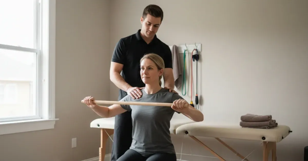 Fizioterapeut barbat in tricou polo negru ajuta un pacient sa isi imbunatateasca mobilitatea bratului folosind un bat de mobilitate intr-o clinica la parterul unei case in Dumbravita.