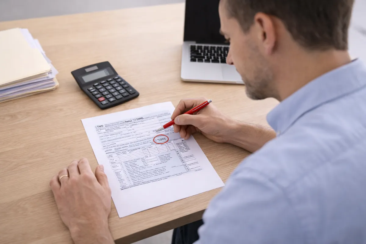 Taxpayer reviewing a tax return with concern after discovering a possible filing mistake