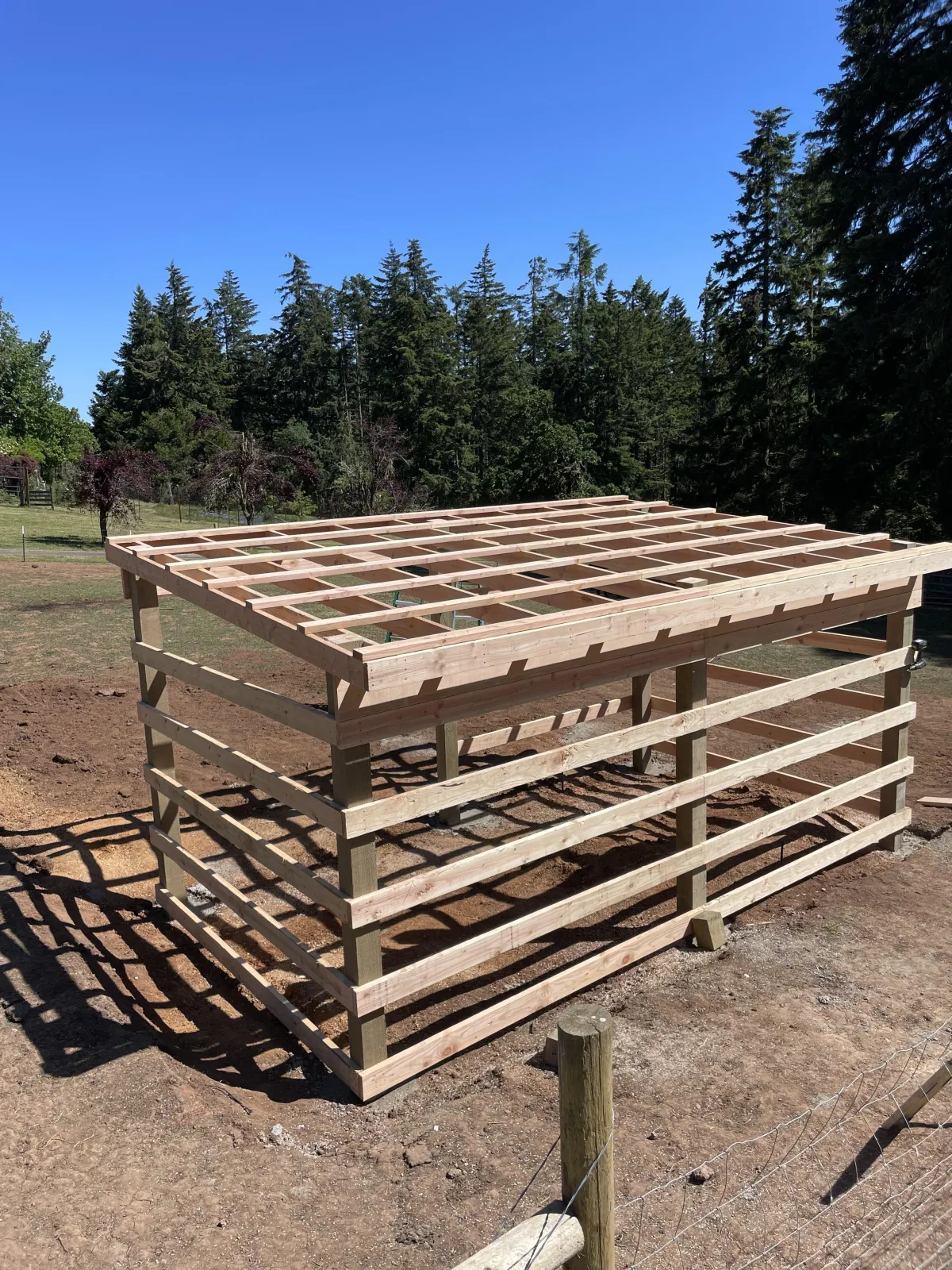 Framing and roof structure in progress for custom goat barn construction in Cottage Grove, Oregon