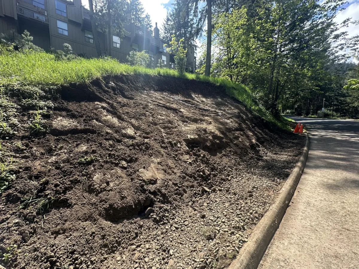 Final landslide cleanup results with reinforced slope and cleared roadway in the South Eugene Hills, Eugene Oregon