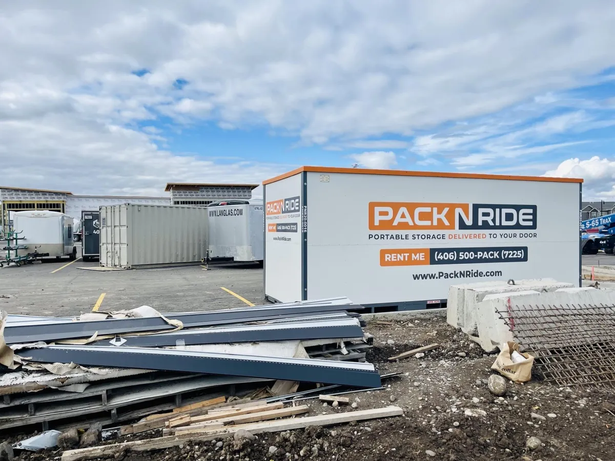 A portable storage container on a job-site in Bozeman