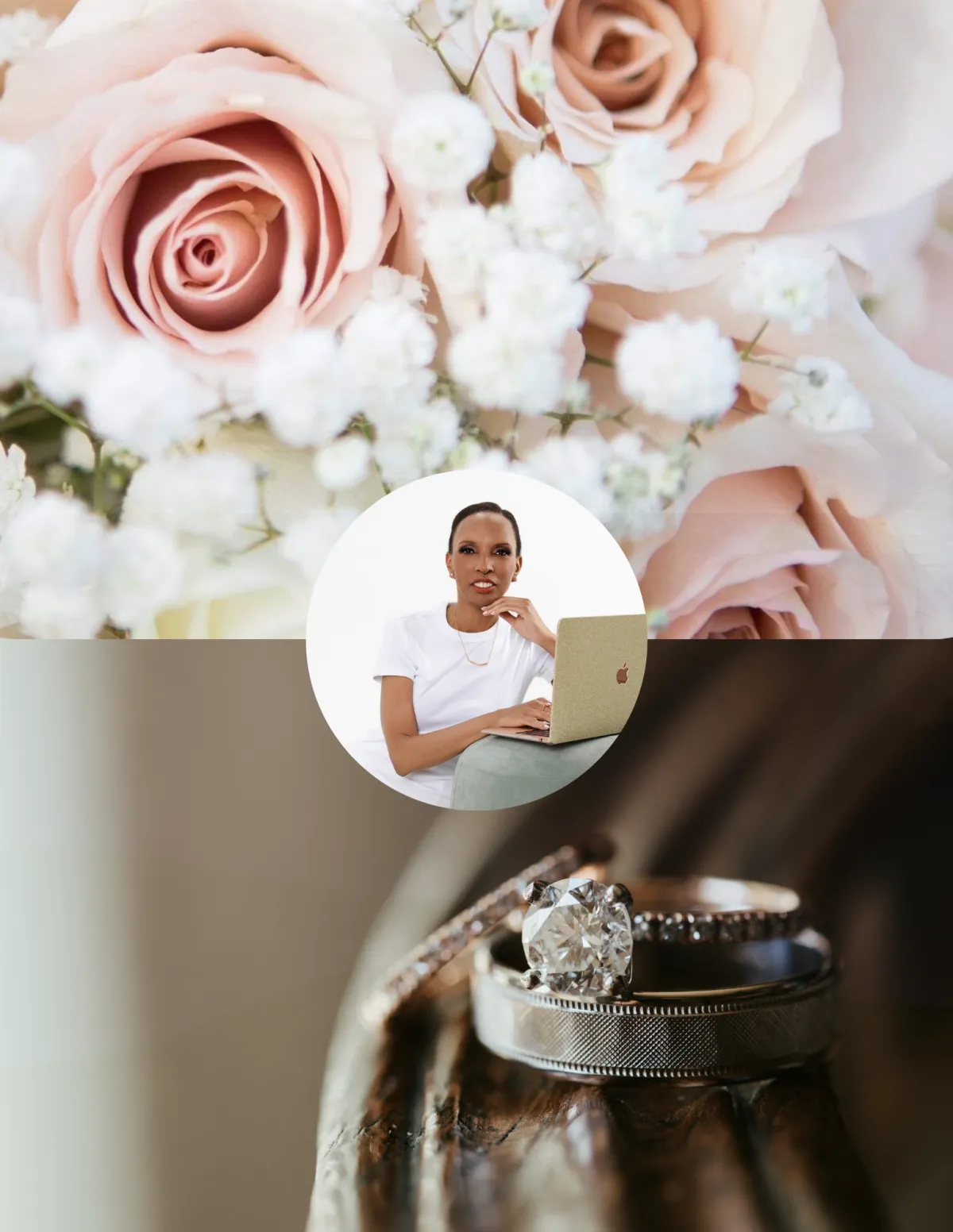 pink roses baby breath bouquet, wedding bands and engagement ring displayed on a chocolate wooden chair arm, photo of woman looking straight with hand under hin