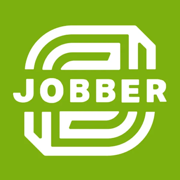 Jobber logo featuring bold white text and abstract geometric lines on a solid green background