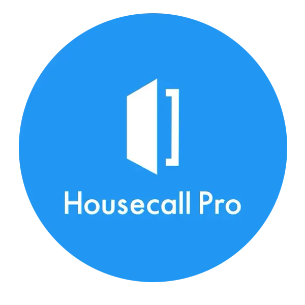 Housecall Pro logo featuring a white stylized open door icon and text inside a solid blue circle