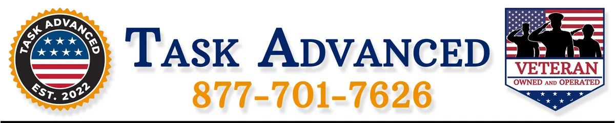 Task Advanced company header featuring the Task Advanced logo with “Est. 2022,” the phone number 877-701-7626, and a Veteran Owned and Operated emblem.