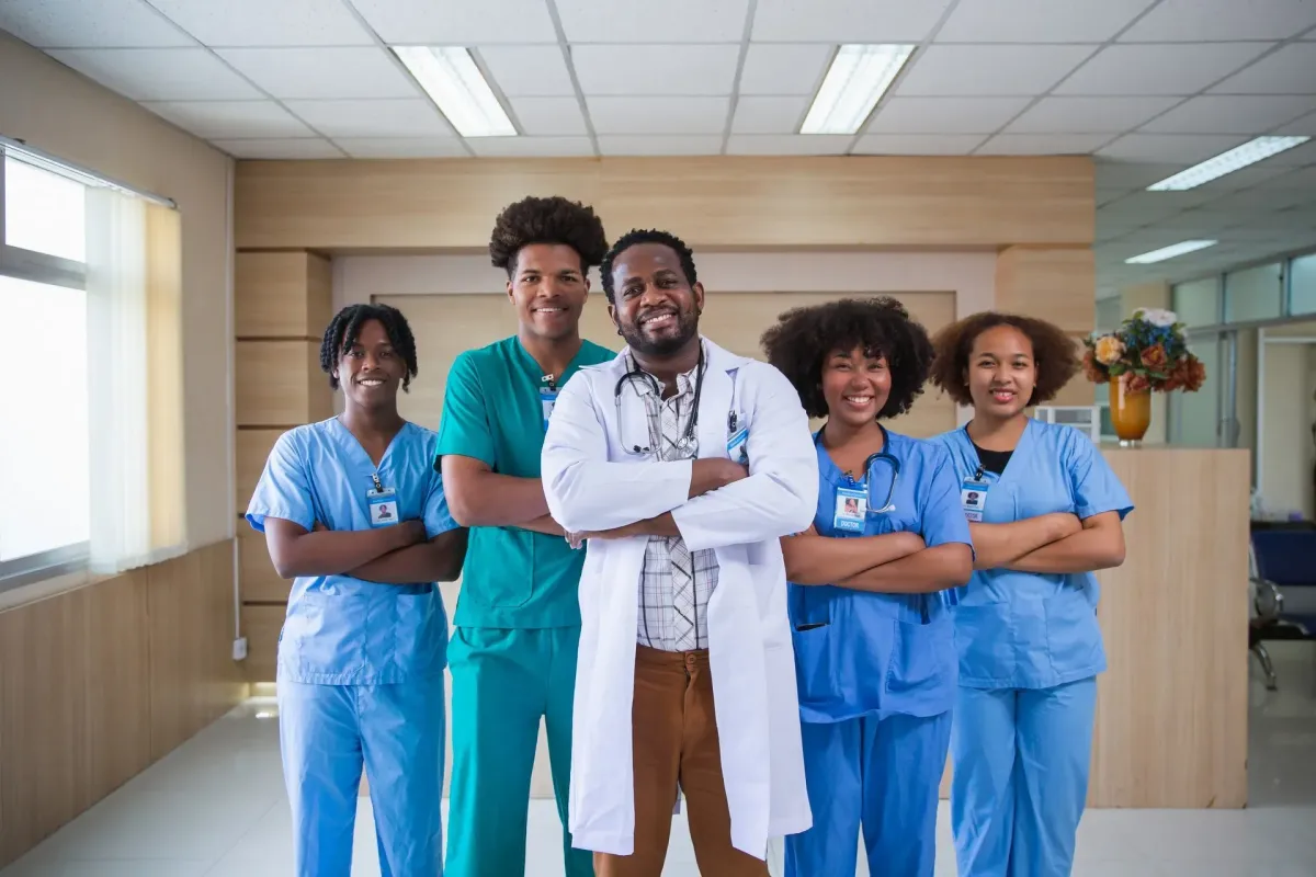 Diverse team of healthcare professionals representing collaboration and professional staffing standards