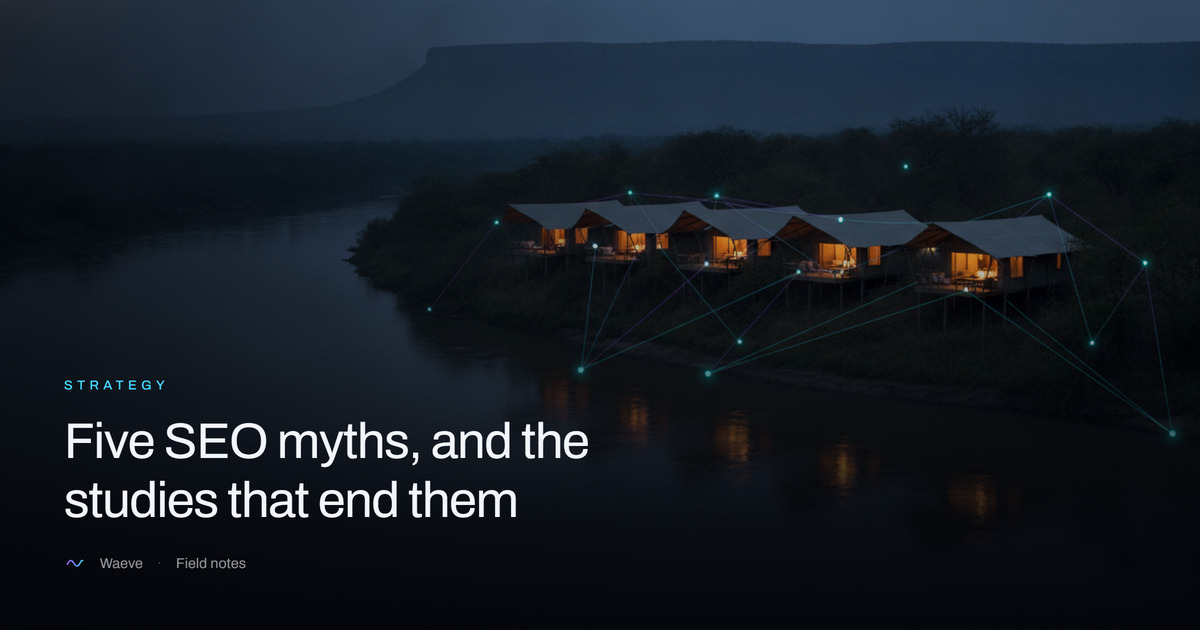 Four lit tented pavilions above a river at blue hour, linked by a fine network of cyan lines.