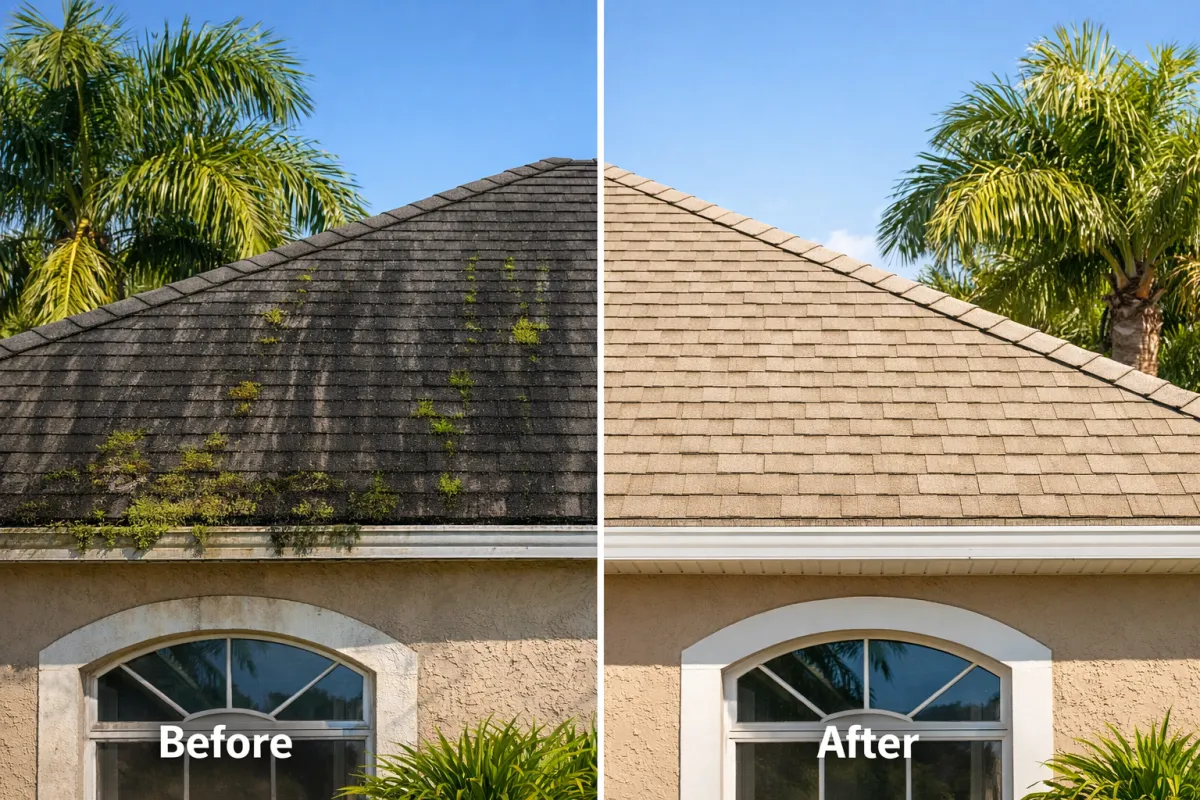 Before and after of home in Florida after storm damage roofing services.