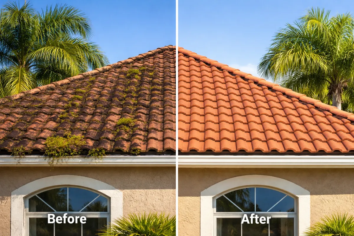 Before and after of tile roofing done to Florida home by Reese Roofing.