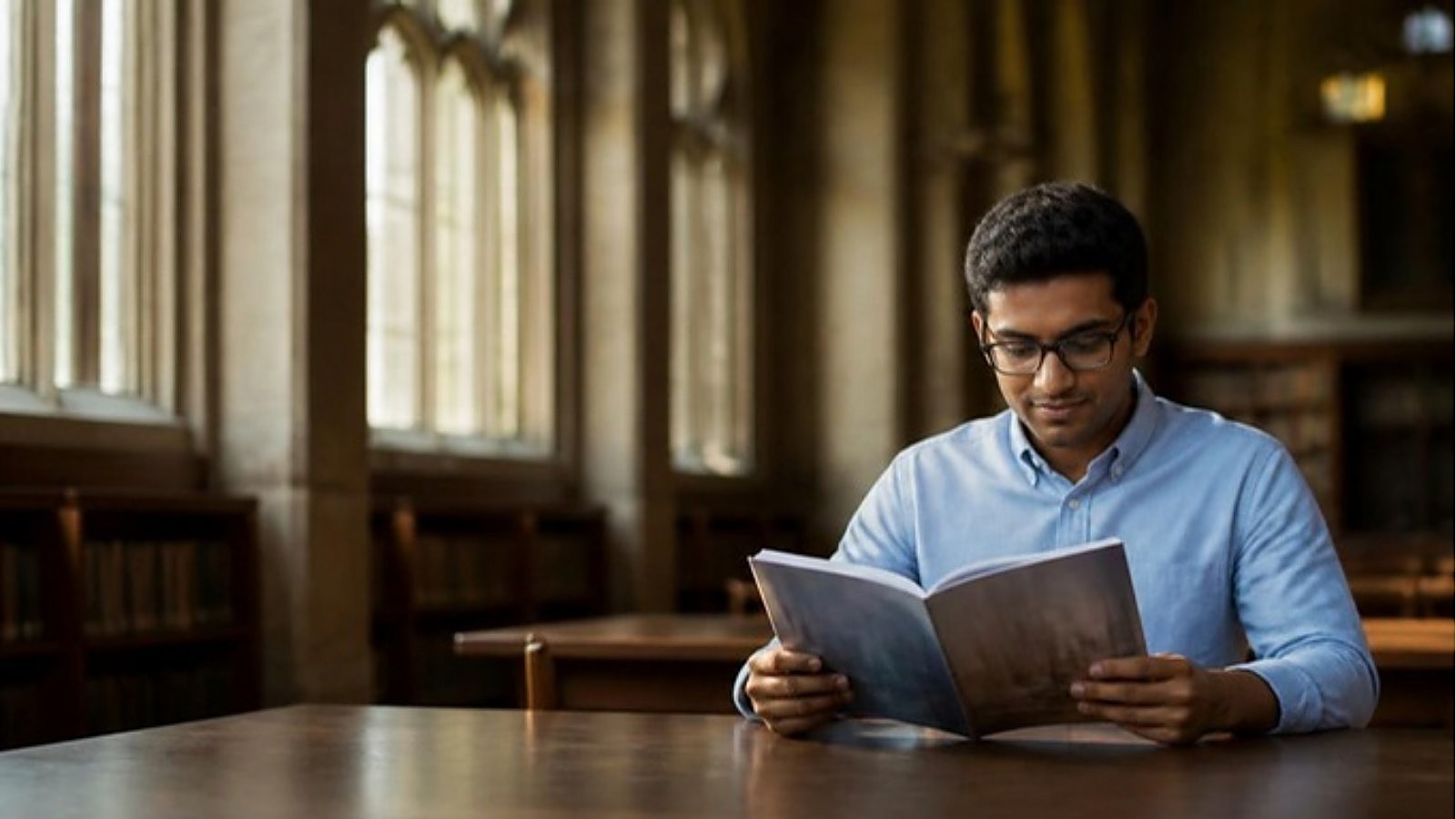 A student in glasses reads a course prospectus at a library table under arched windows, checking UK master's courses that accept a 2:2.