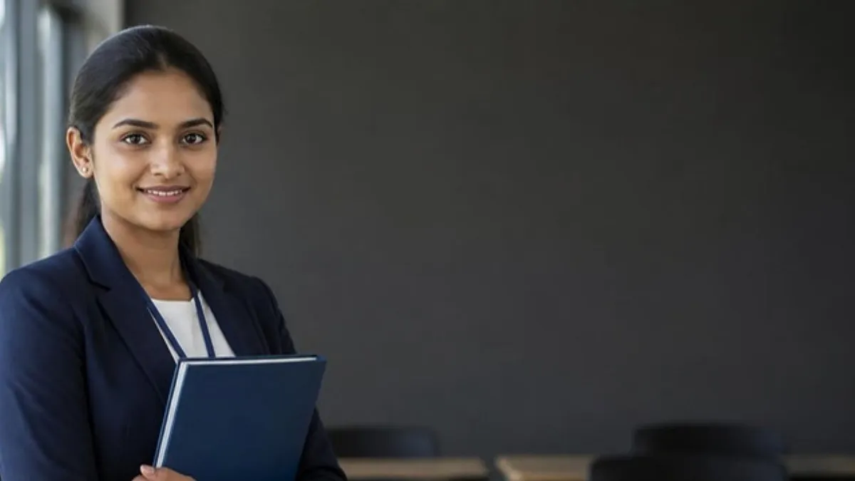 A student teacher in a navy blazer holds a folder in a bright Australian classroom, beginning a Master of Teaching in Australia.