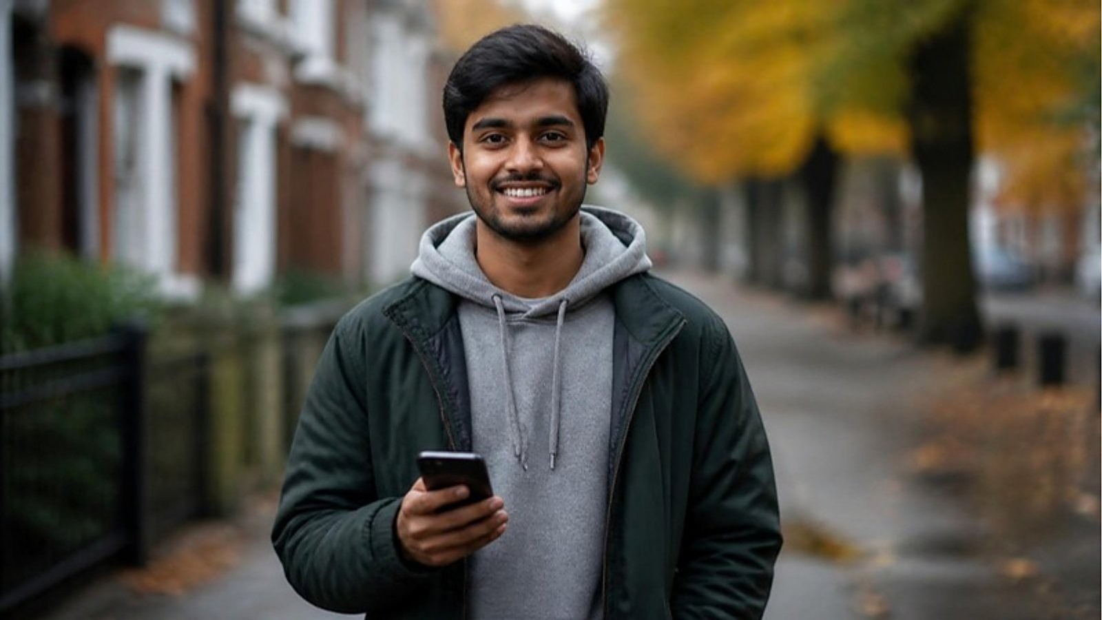 A smiling student holds his phone on a red-brick street in an English town in autumn, after checking his UK student visa processing time.