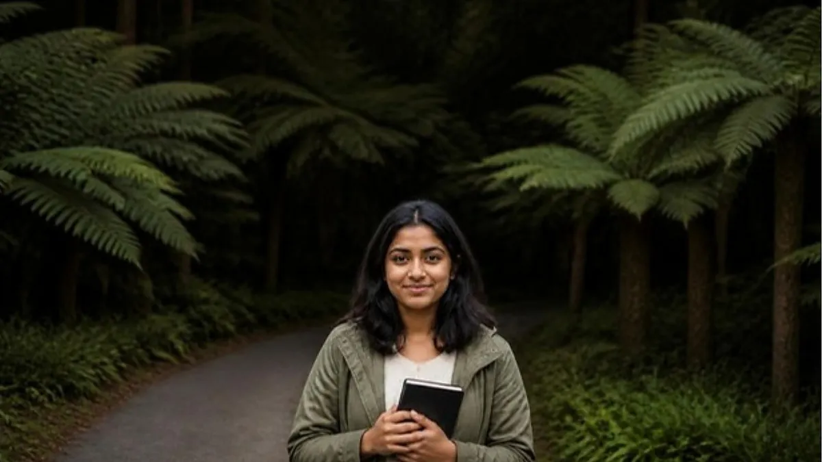 A student holding a notebook stands on a New Zealand campus path among tree ferns, weighing New Zealand tuition fees for international students.