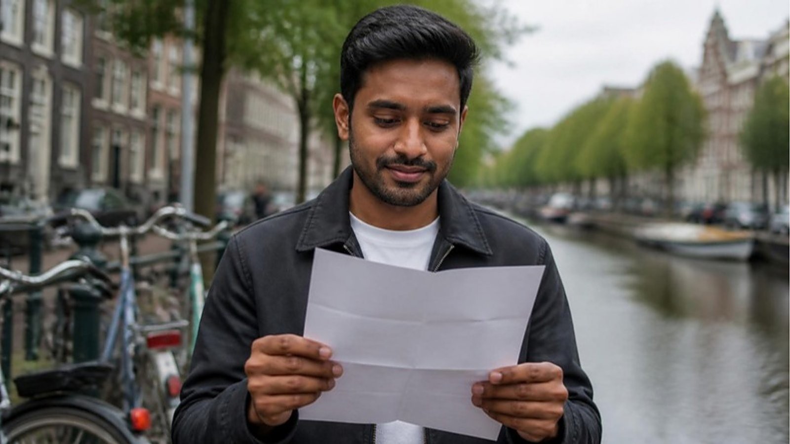 A student reads a bank statement beside a Dutch canal lined with bicycles, checking his Netherlands student visa proof of funds.