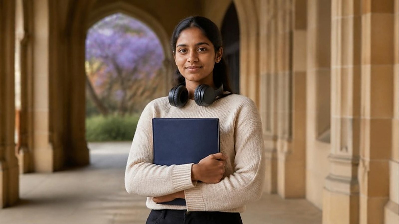 A student with headphones around her neck holds a navy folder in a sandstone colonnade on an Australian campus, ready to meet the Australia student visa English requirements.