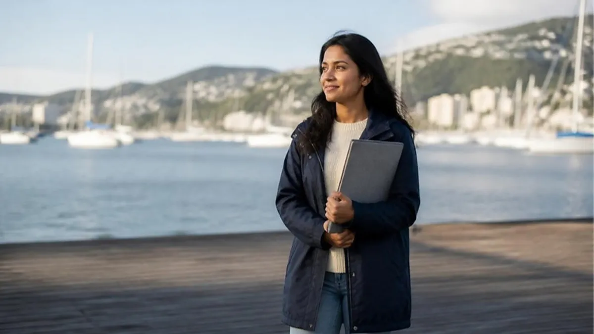 A student holds a document folder on a Wellington harbour boardwalk, with sailboats and green hills behind her, after preparing for New Zealand student visa requirements.