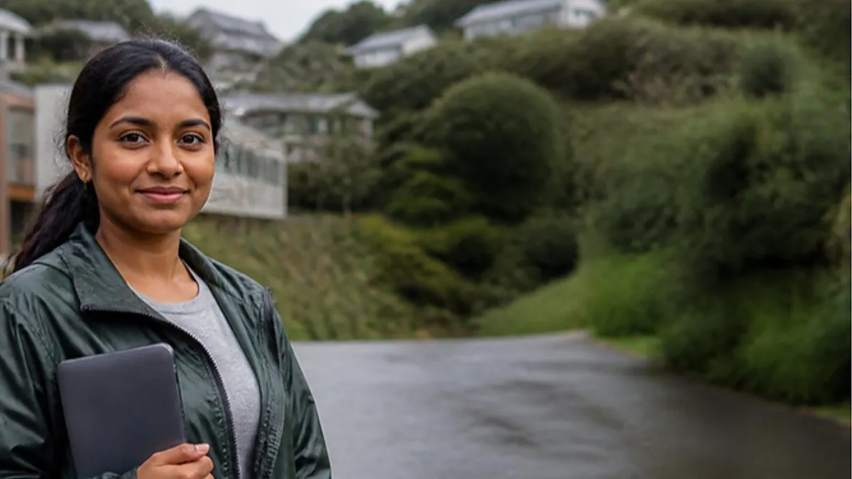 A student in a green rain jacket holds a tablet on a hillside campus path in Dunedin, preparing to apply to Otago Polytechnic.