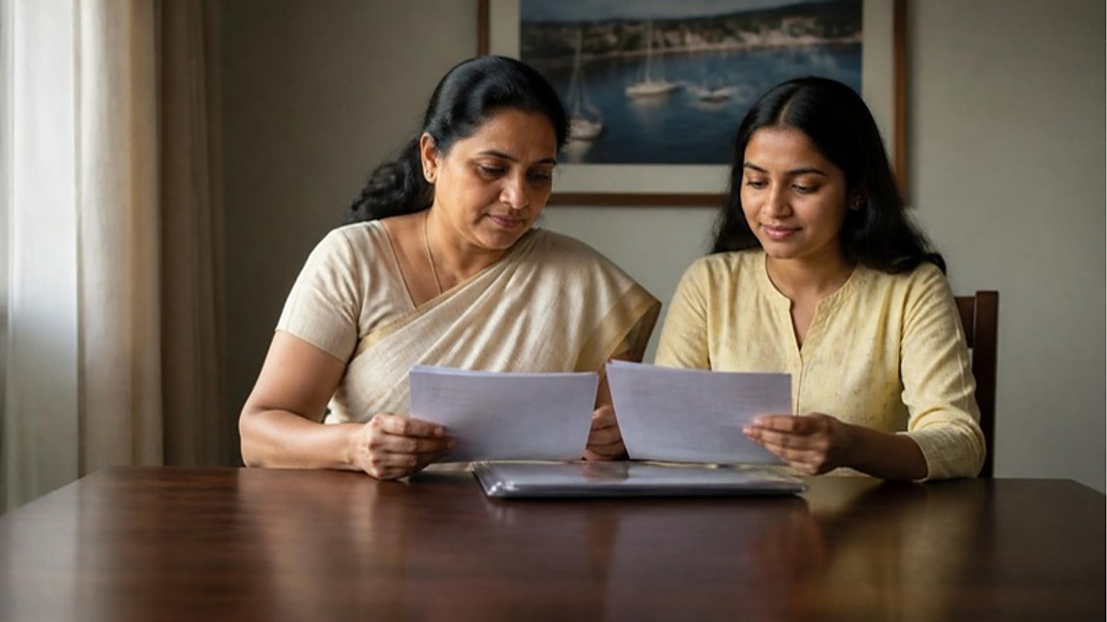A mother and daughter sit together at a dining table reviewing printed documents for an NZ student visa IOM document verification check.