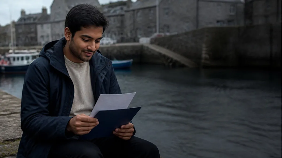 A student in a navy rain jacket reads a letter in a folder on a stone harbour wall in Plymouth, planning his application to the University of Plymouth.