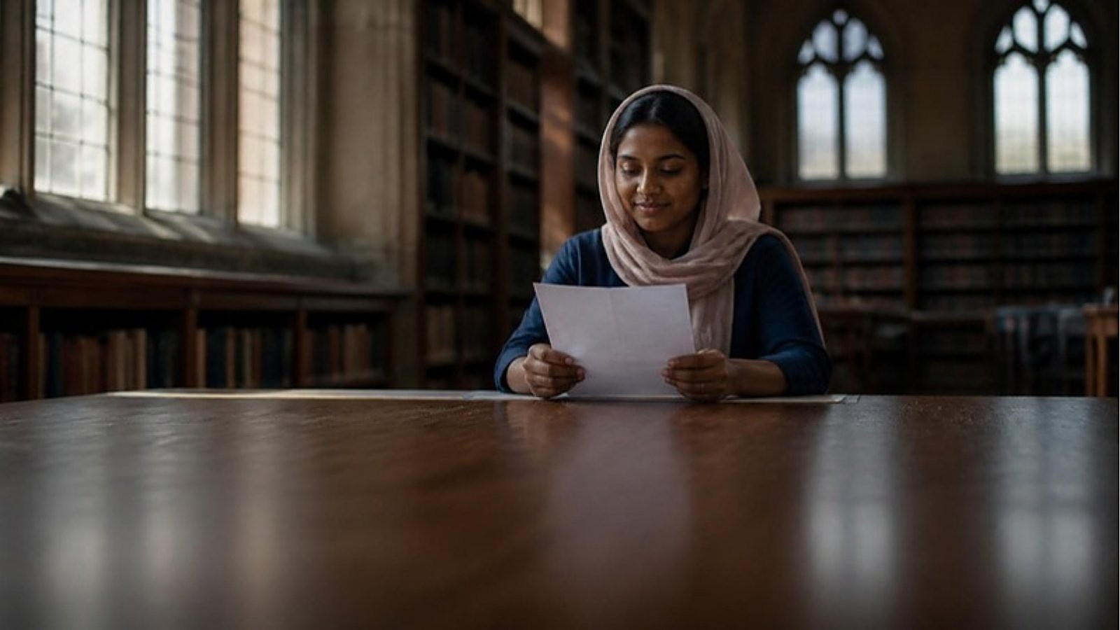 A student reads her Confirmation of Acceptance for Studies at a long wooden table in a UK university library with arched windows.