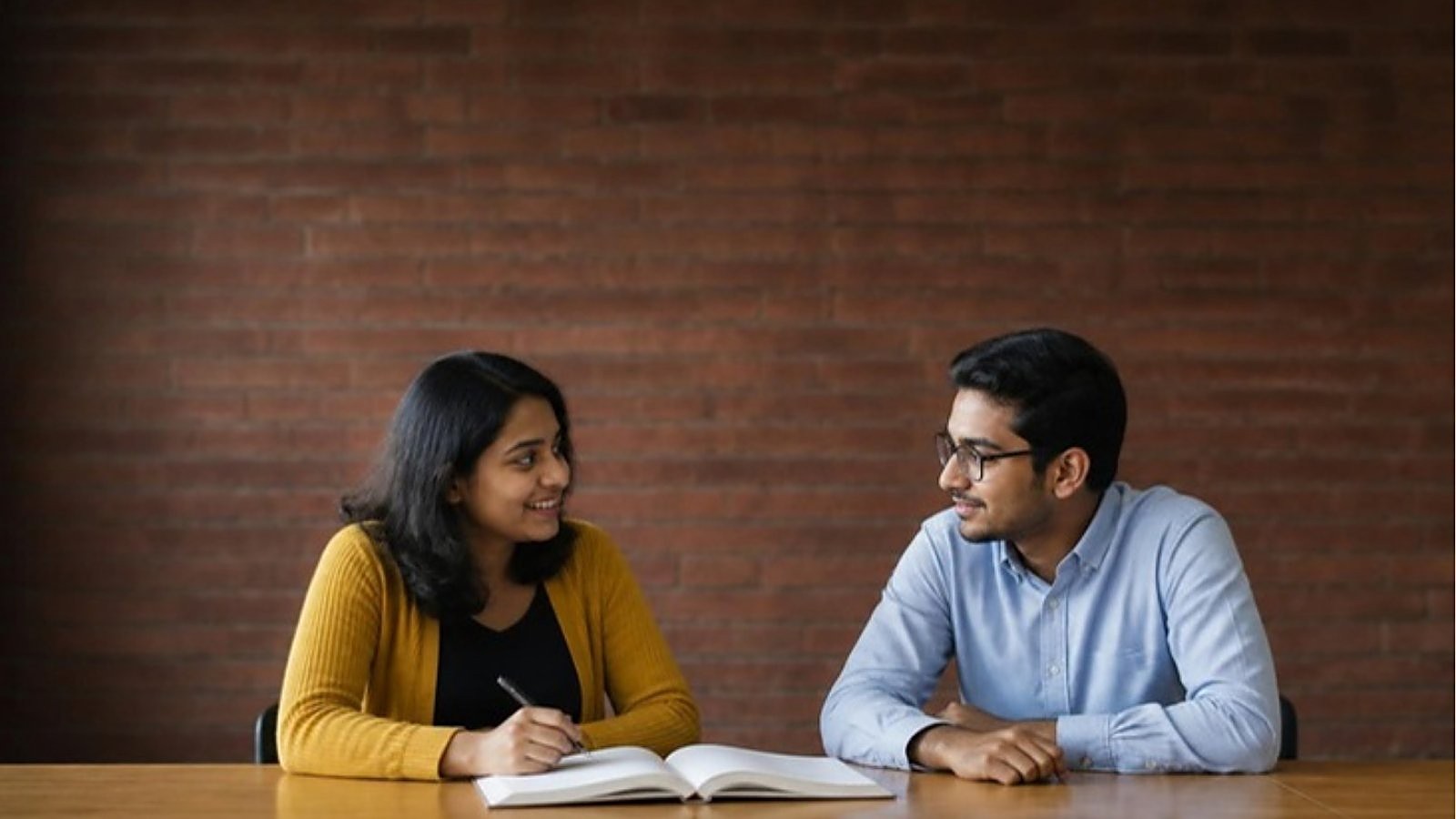 Two students talk across a wooden seminar table in a UK university classroom, studying on a pre-sessional English course in the UK.