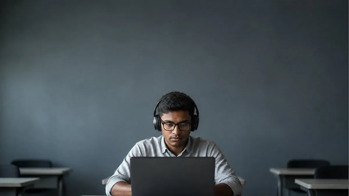 A student in glasses and over-ear headphones works on a laptop at a desk in a quiet computer test room while preparing for an IELTS One Skill Retake.