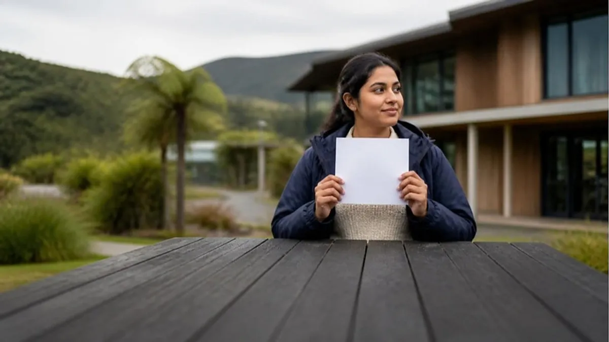 A student holds a sheet of paper at a timber table on a New Zealand university campus with tree ferns and green hills behind her, preparing her reply to a PPI letter from Immigration New Zealand.