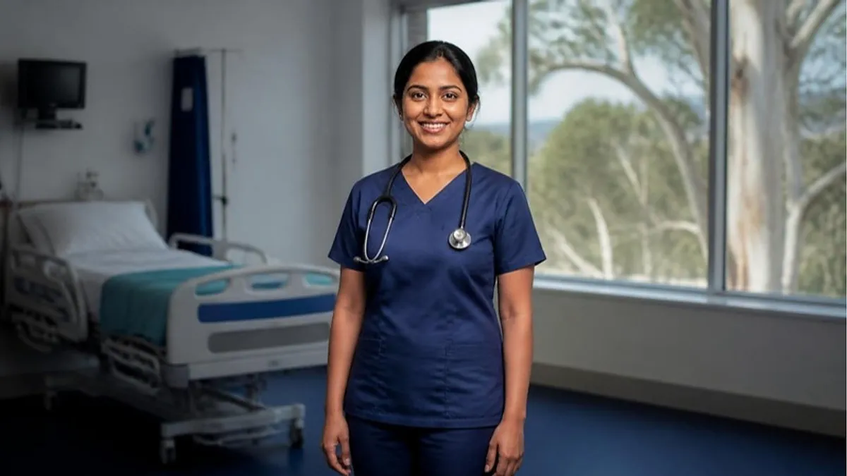 A nursing student in navy scrubs stands in a university simulation ward in Australia during her Master of Nursing training.