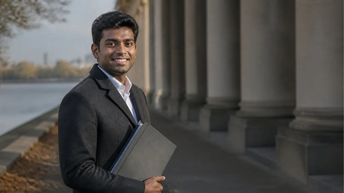 A student in a wool coat holds a folder beside the River Thames and a stone colonnade in Greenwich, London, home of the University of Greenwich.