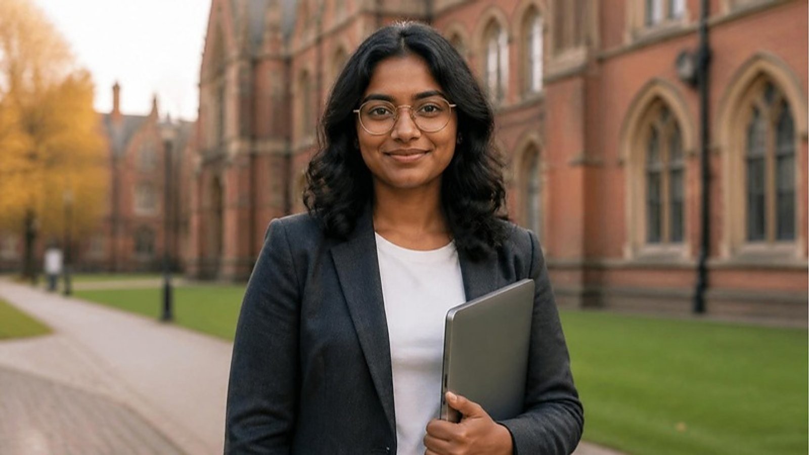 A graduate in a charcoal blazer and glasses holds a laptop on a red-brick UK university campus, picturing the funded UK master's a Commonwealth Scholarship from Sri Lanka can lead to.