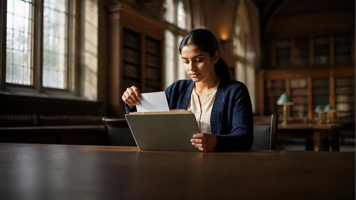 A student organises a document folder in a red-brick university library, checking the documents required for a master's in the UK.