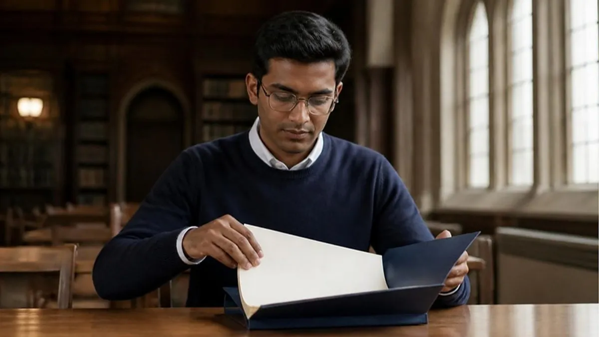 A student places blank papers in a navy folder at a long table in a UK university library with arched windows, preparing a UK ENIC Statement of Comparability.