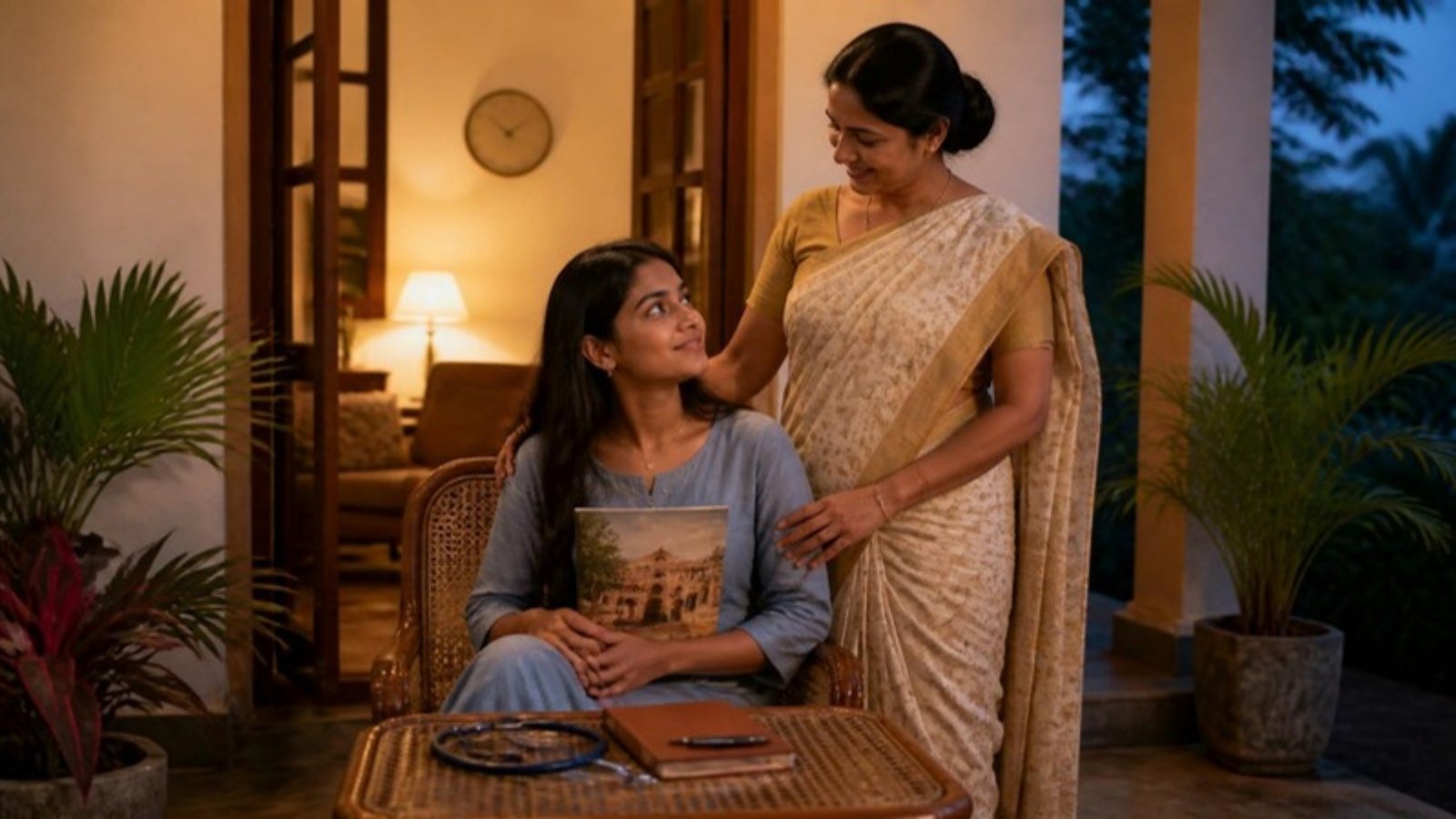A Sri Lankan student holds a UK university prospectus beside a stethoscope while her mother reassures her, as she prepares for the UCAS October deadline.