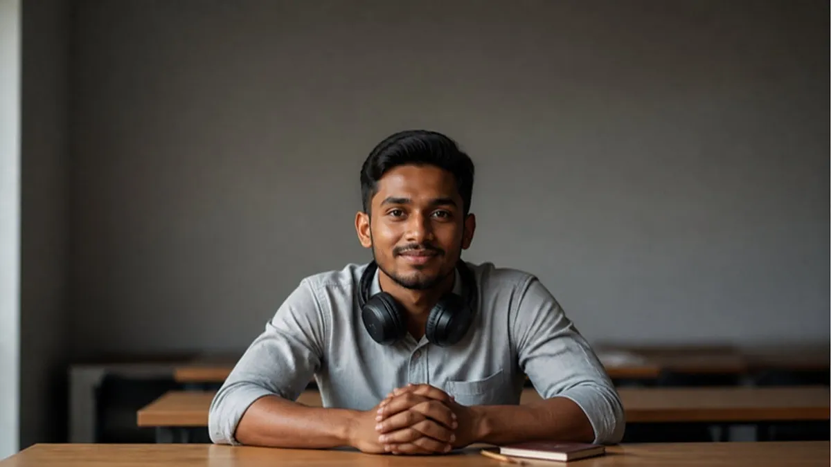 A student with headphones around his neck sits at a desk in a quiet test room, ready to book IELTS in Sri Lanka.