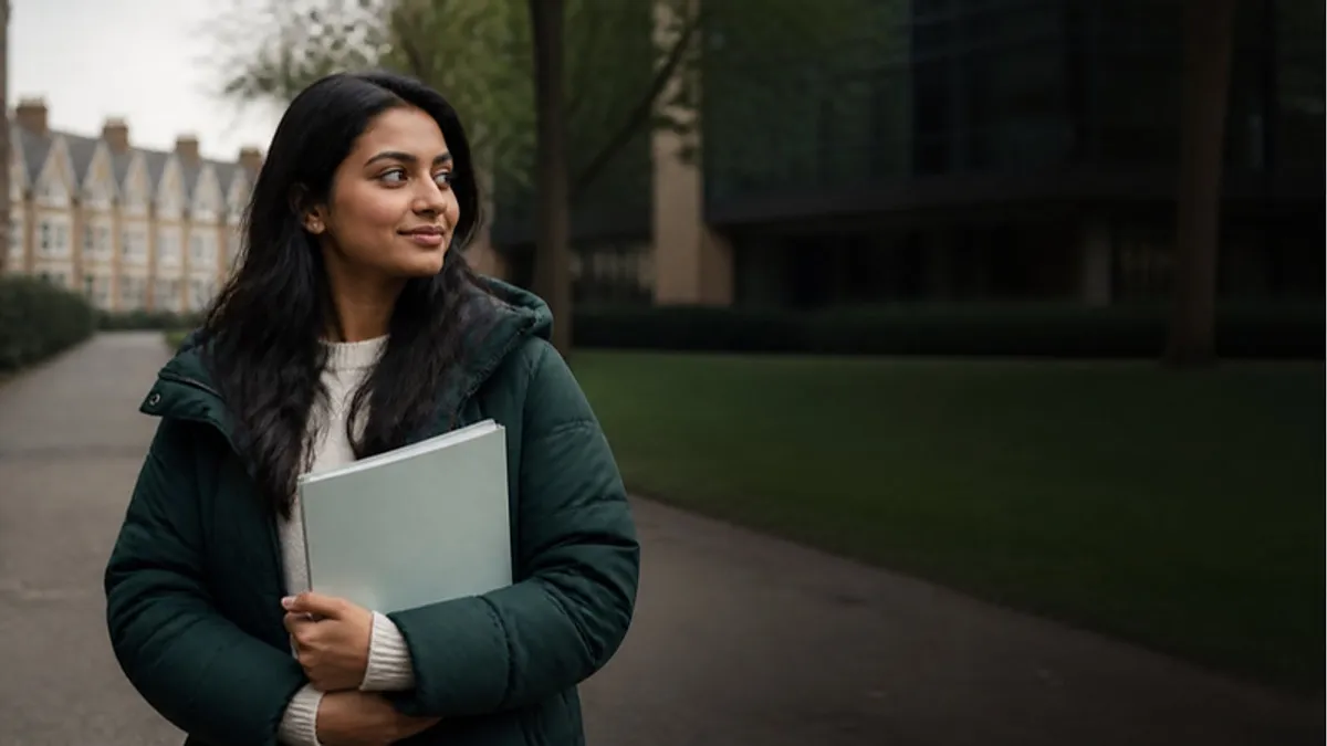 A student holding a folder of transcripts walks along a campus path in Cardiff, with terraced houses and a modern academic building behind her, planning an application to Cardiff Metropolitan University.