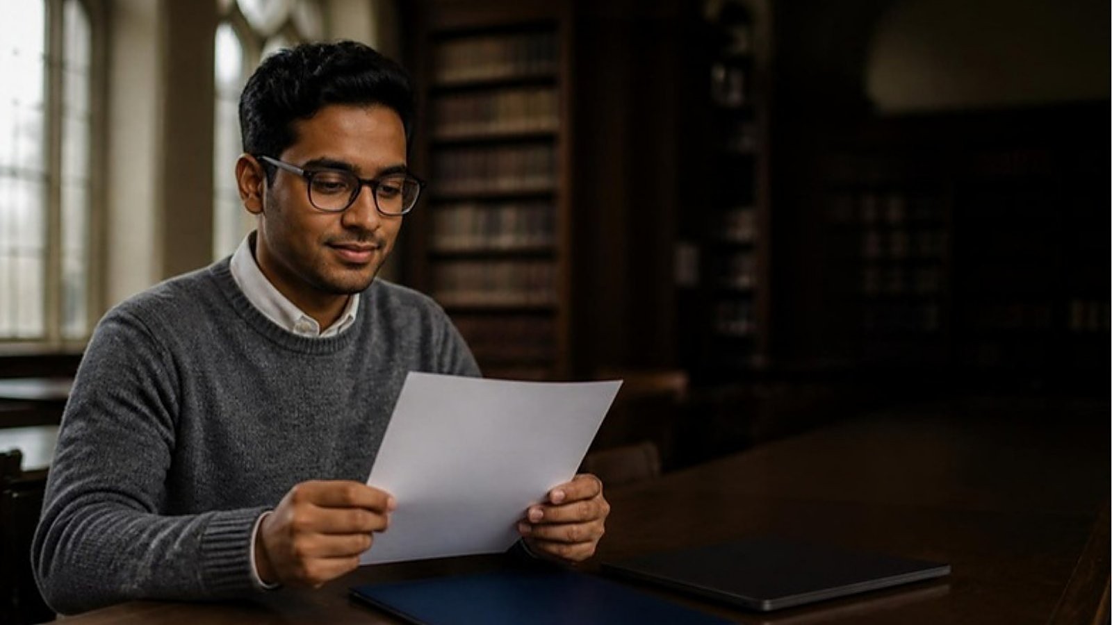A graduate student reads a printed letter in a UK university library, checking what the Buckinghamshire New University sponsor licence suspension means for his plans.