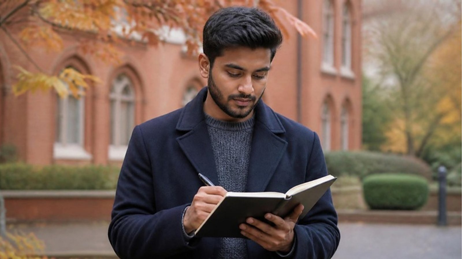 A student in a navy coat checks his notebook in a red-brick UK university courtyard in autumn, working out his UK student visa cost.