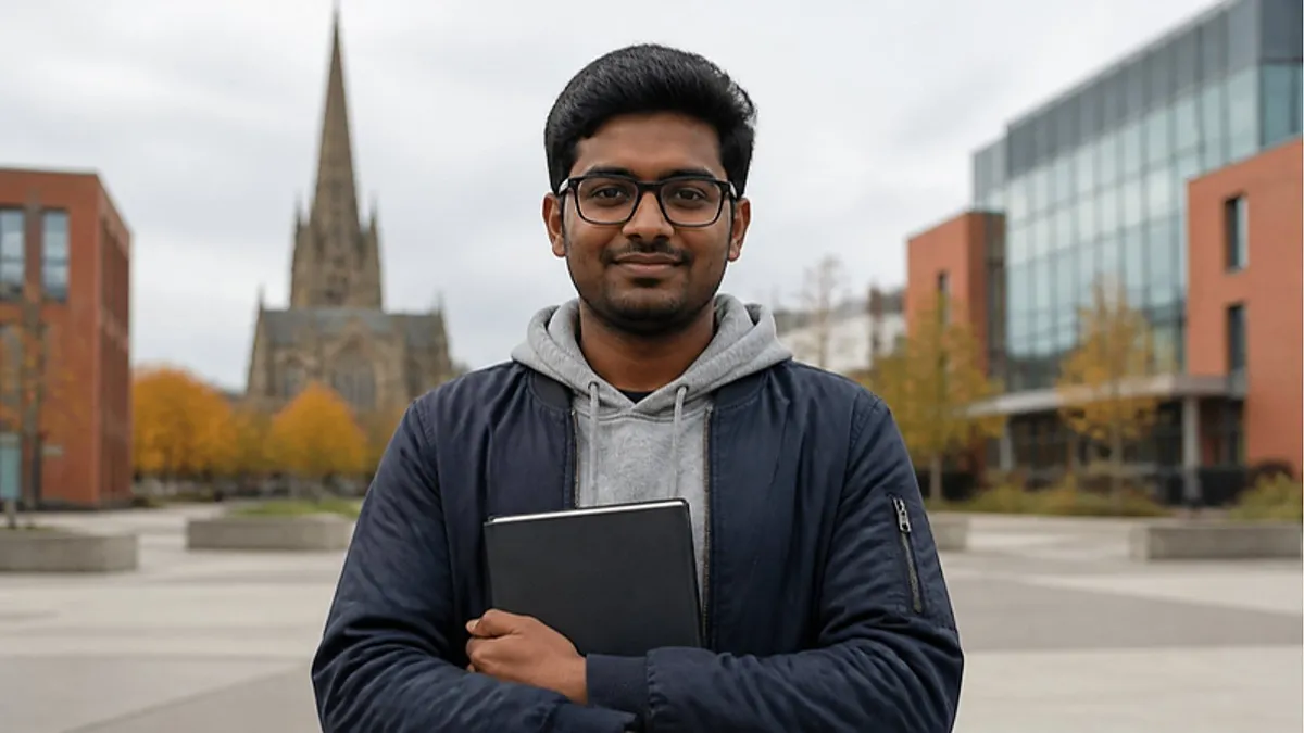 A young man in glasses holds a notebook on a city-centre campus square with a cathedral spire behind him, considering Coventry University.