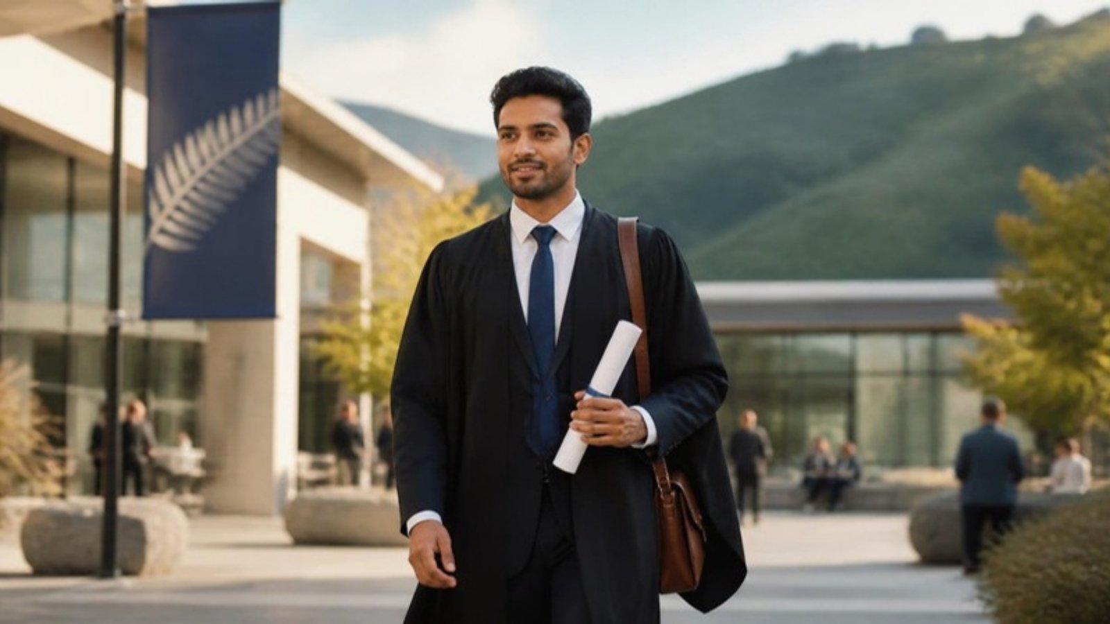 A Sri Lankan graduate walks across a New Zealand campus holding his diploma, weighing the graduate diploma New Zealand post study work visa route.
