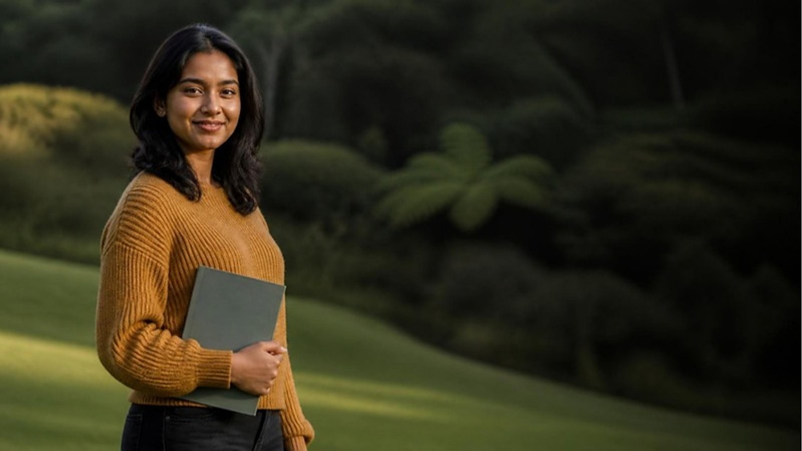 A student in a mustard sweater holds a university prospectus on a green New Zealand campus lawn with native bush behind, comparing New Zealand universities for international students.