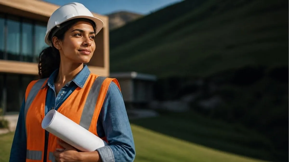 An engineering student in a white hard hat holds rolled drawings on a modern campus with green hills behind, considering a master of engineering in New Zealand.