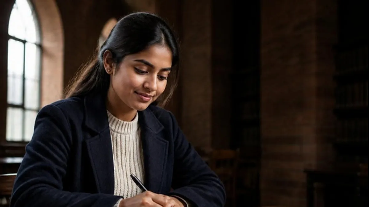 A student writes figures in a notebook at a table in a red-brick UK university library with arched windows, working out UK tuition fees for international students.