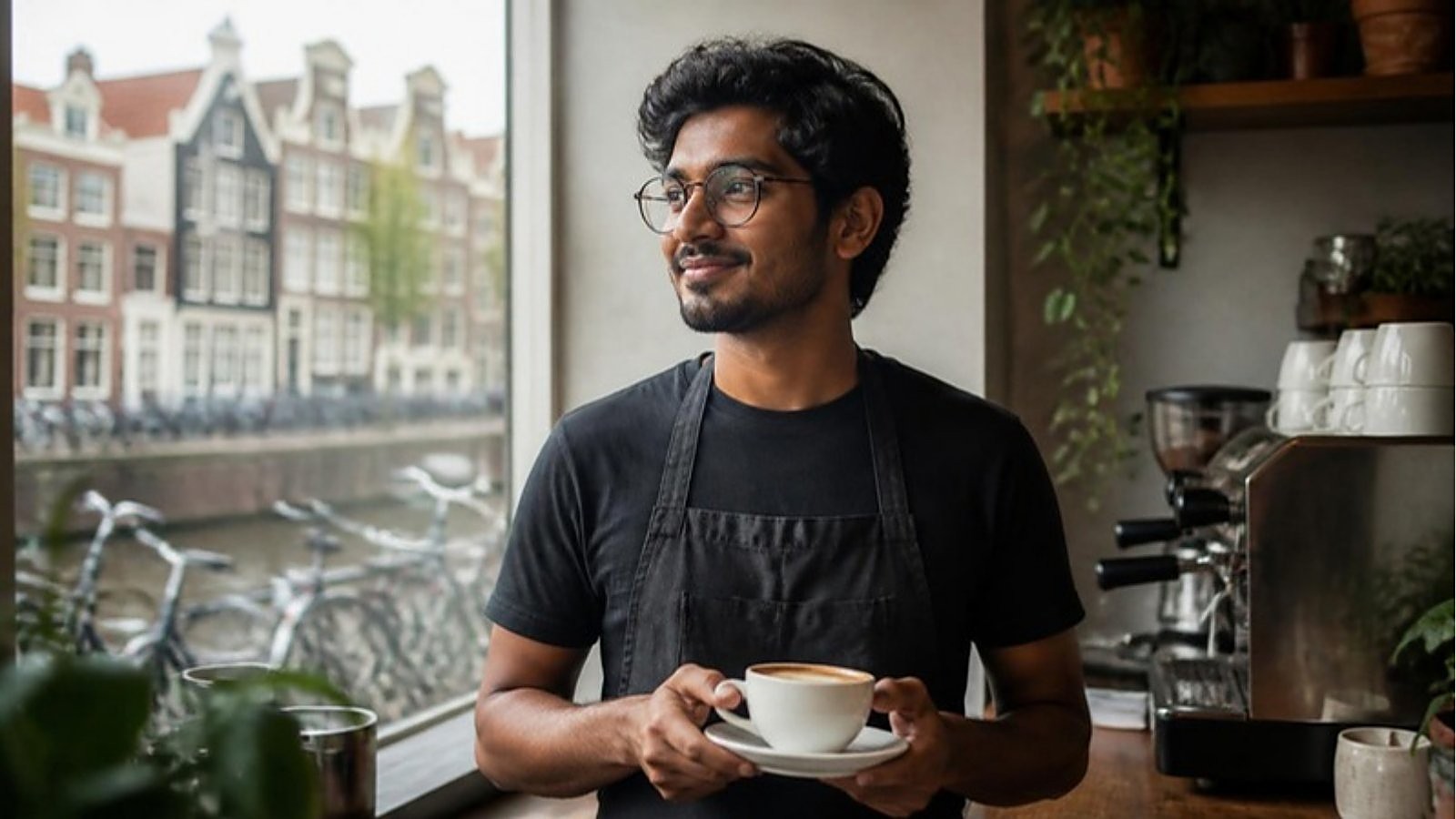 A student working part-time holds a coffee cup in a canal-side café in Amsterdam, within the Netherlands student work hours rules.