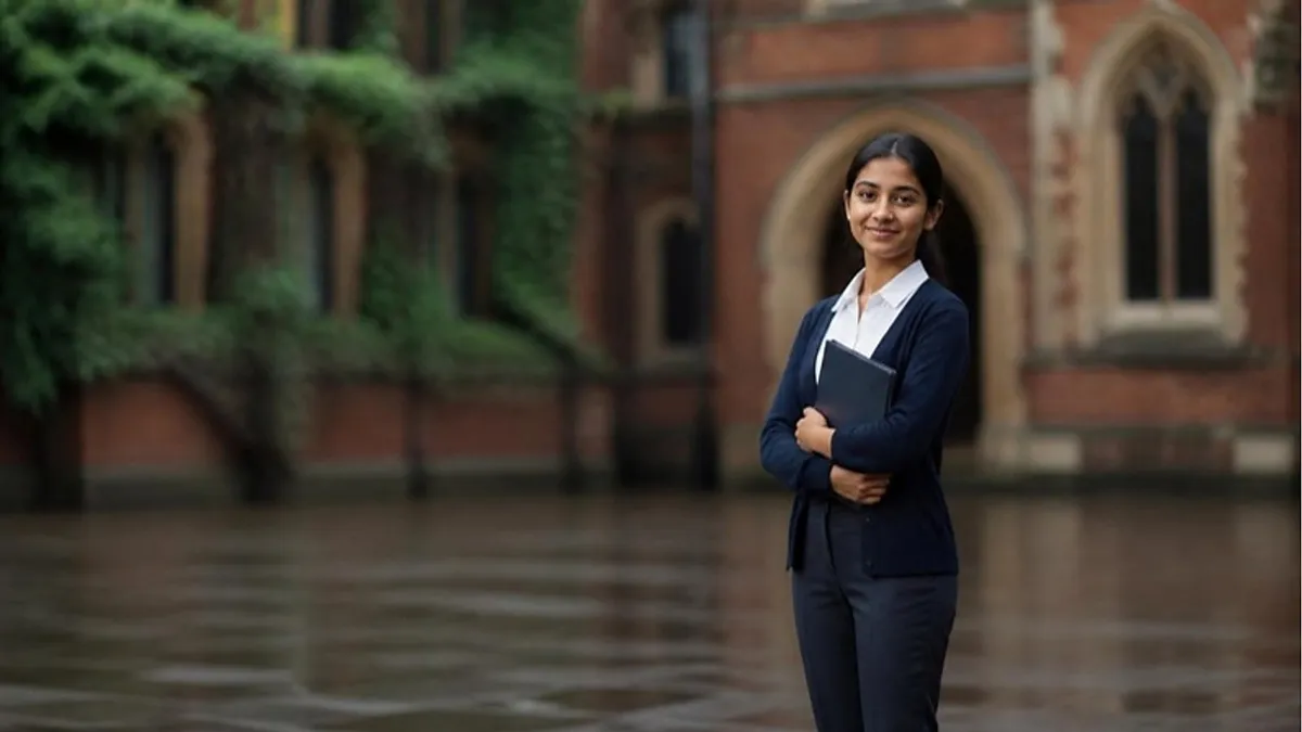 A student holding a folder stands in a red-brick UK university courtyard, ready to ask a teacher for her UCAS reference.